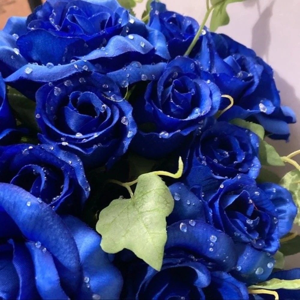 Blue Roses Artificial Flowers Dew Drop Rain Drop 2 Bunches 16
